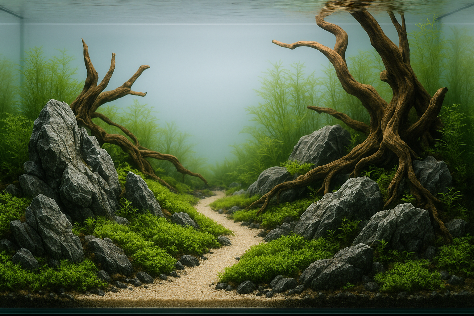 Hardscape para aquários: rochas, madeiras e areias — aquascaping Ecoarium  Aquascaping com rochas, troncos e caminho de areia num aquário plantado
